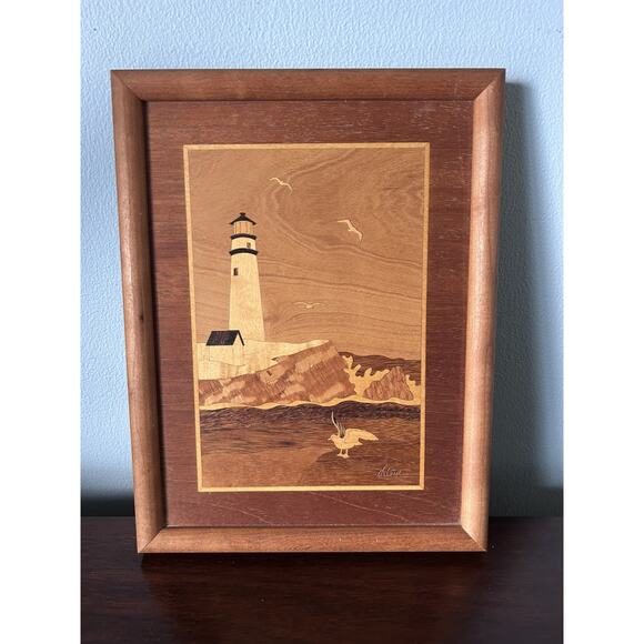 Vintage Jeff Nelson Wood Inlay Lighthouse Art – Framed 10x13 Hudson Valley - Picture 1 of 9